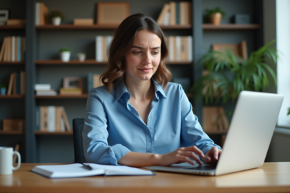 Jeune femme au bureau lisant un message d'erreur sur son ordinateur