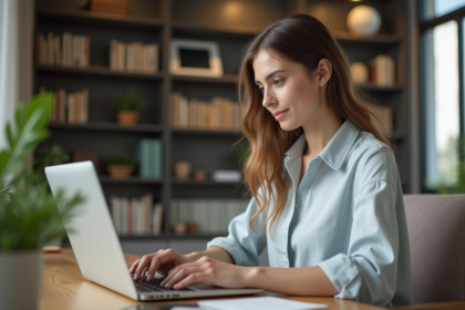 Jeune femme travaillant sur un ordinateur dans un bureau moderne