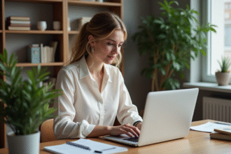 Jeune femme au bureau travaillant sur un ordinateur portable