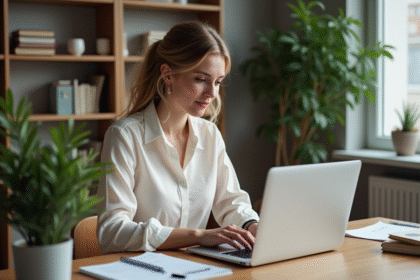 Jeune femme au bureau travaillant sur un ordinateur portable