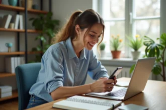 Femme au bureau utilisant un ordinateur et un smartphone