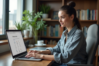Jeune femme au bureau partage fichier Google Drive