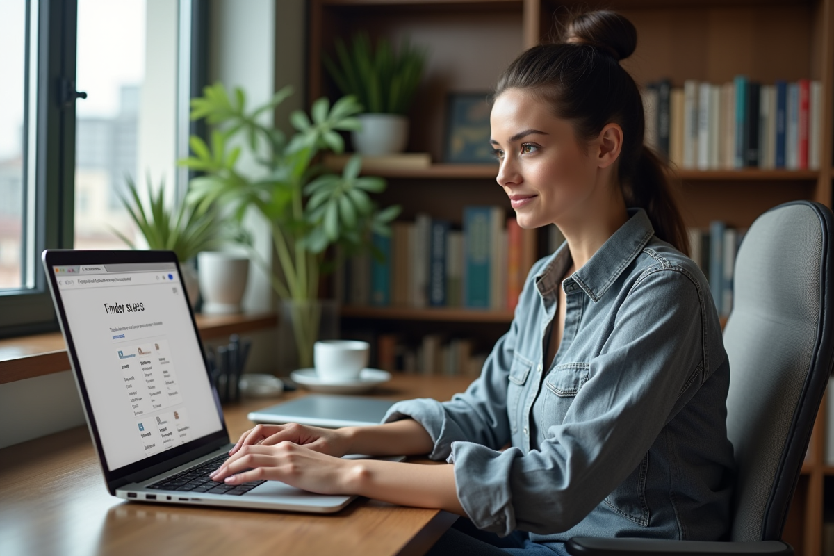 Jeune femme au bureau partage fichier Google Drive