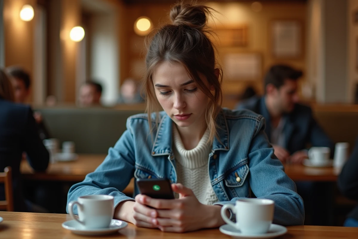Jeune femme concentrée sur son smartphone dans un café