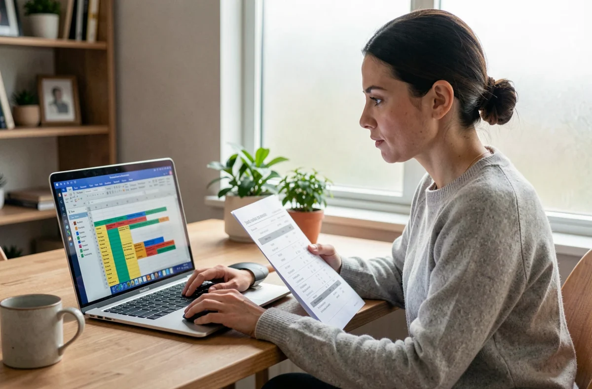 Femme utilisant Excel sur un ordinateur portable pour calculer une moyenne pondérée à partir d'un fichier CSV