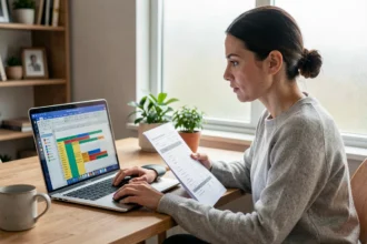 Femme utilisant Excel sur un ordinateur portable pour calculer une moyenne pondérée à partir d'un fichier CSV