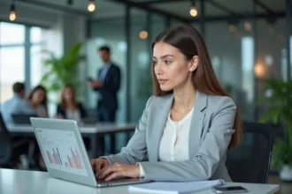 Femme professionnelle travaillant sur Excel avec des graphiques de pourcentages sur un ordinateur portable dans un bureau moderne