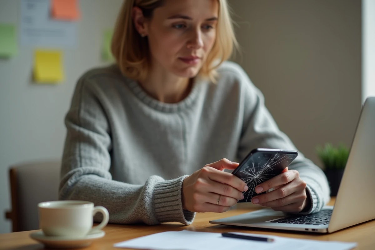 Femme comparant les prix de réparation d'écran iPhone 11 en ligne sur un ordinateur portable