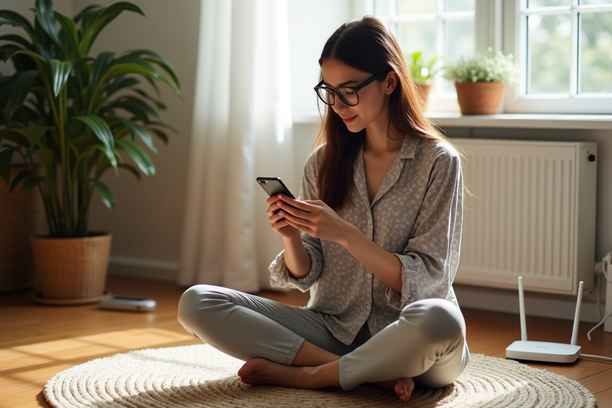 Jeune femme configurant son mot de passe wifi dans un appartement