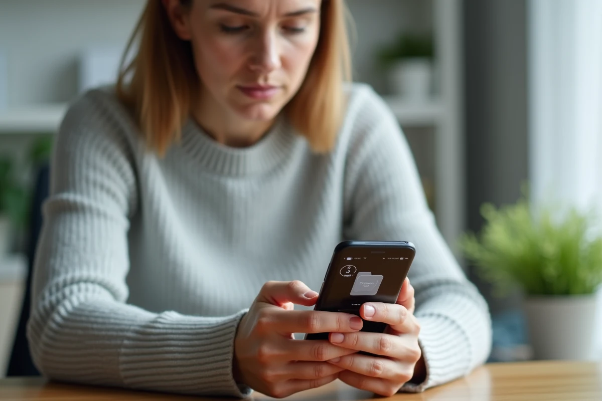 Femme consultant la corbeille de son smartphone Android pour récupérer des fichiers supprimés