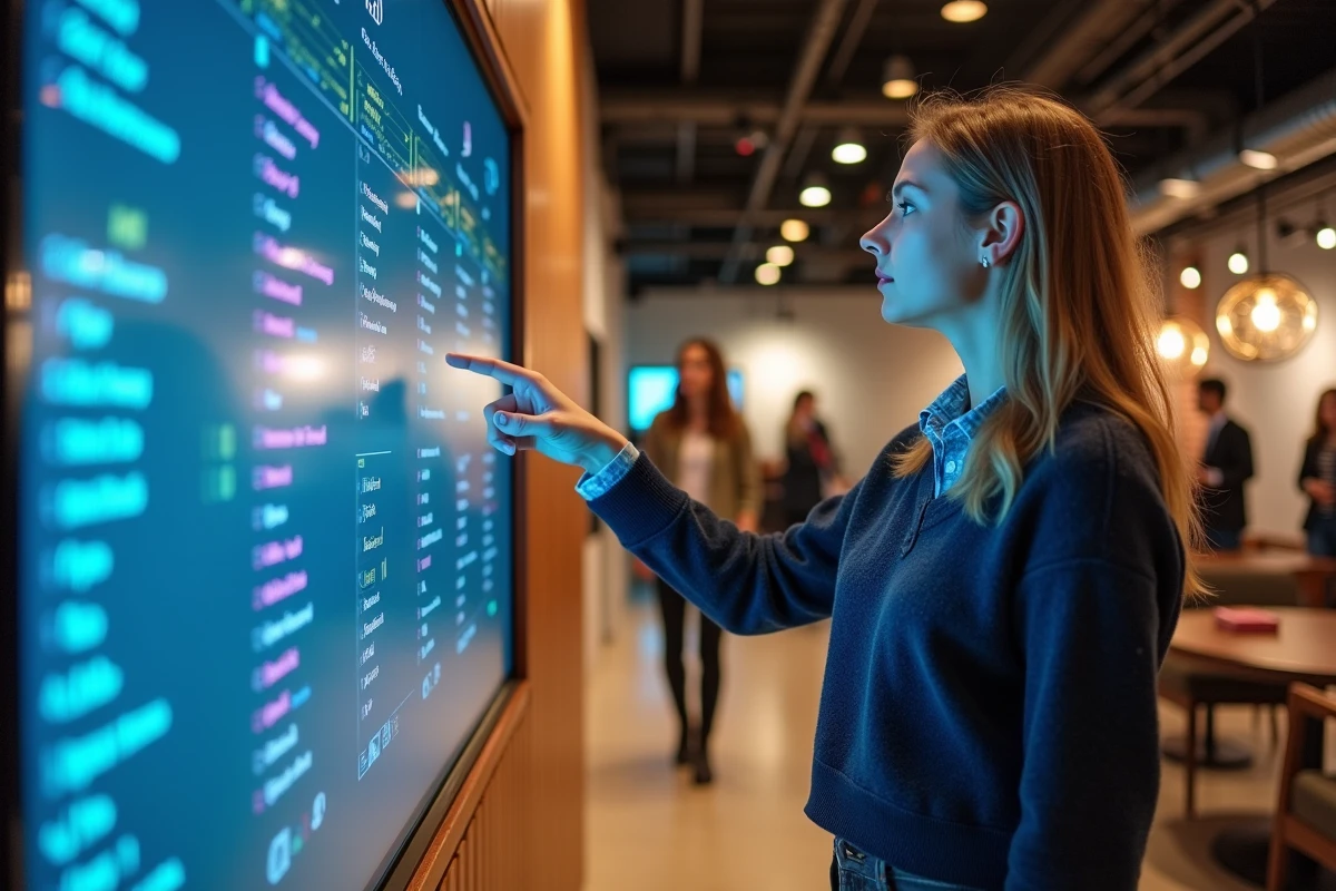 Jeune femme pointant un écran de services quantiques dans un espace coworking