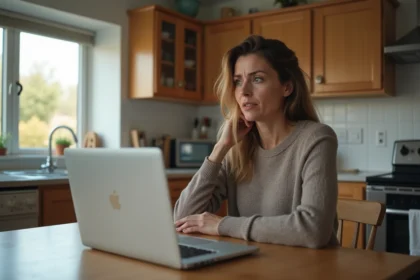 Femme assise à une table de cuisine regardant un ordinateur avec erreur webmail