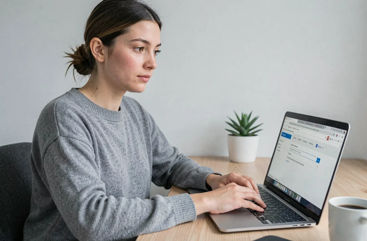 Jeune femme utilisant un service de mail temporaire sur son ordinateur portable dans un bureau à domicile moderne