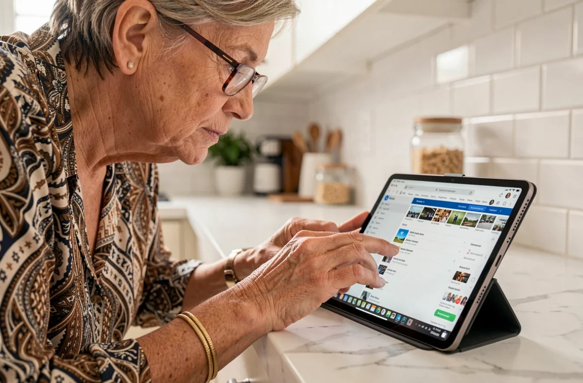 Femme mature utilisant une tablette pour mettre un site en favori dans sa cuisine