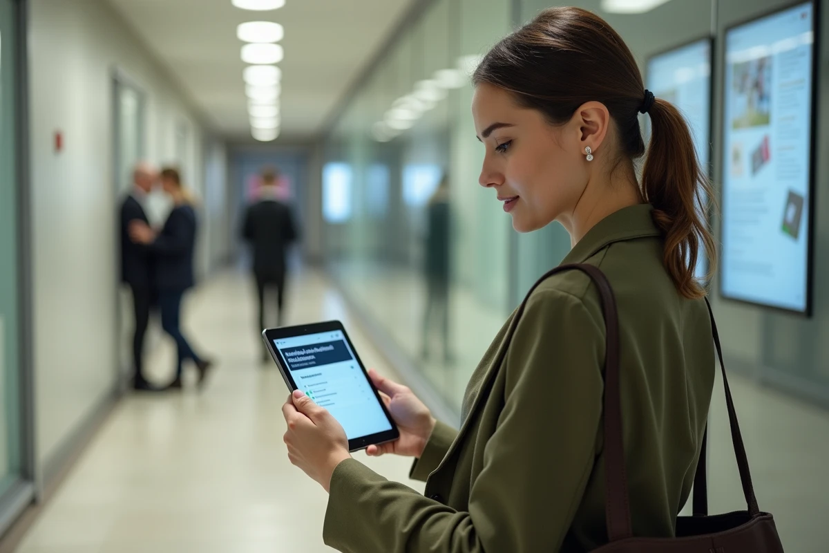 Jeune femme consultant sa messagerie professionnelle rectorat sur tablette dans un couloir administratif universitaire