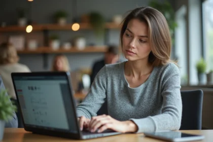 Femme utilisant un navigateur web sur son ordinateur portable au bureau, illustrant une question technique sur les anciens navigateurs