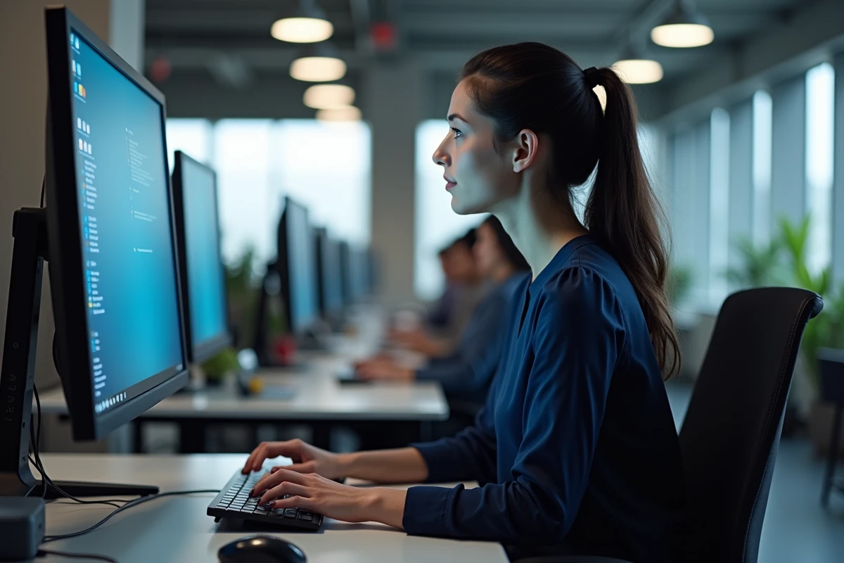 Femme en open space configurant les paramètres clavier Windows sur un ordinateur de bureau professionnel