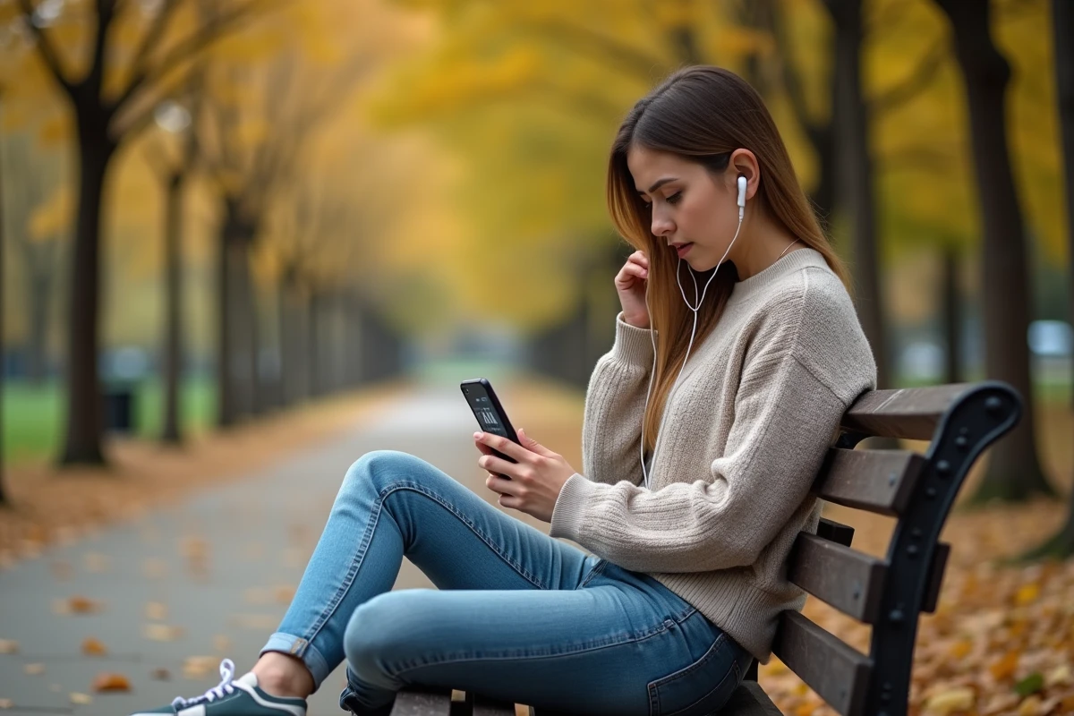 Femme relaxe avec smartphone et écouteurs dans un parc