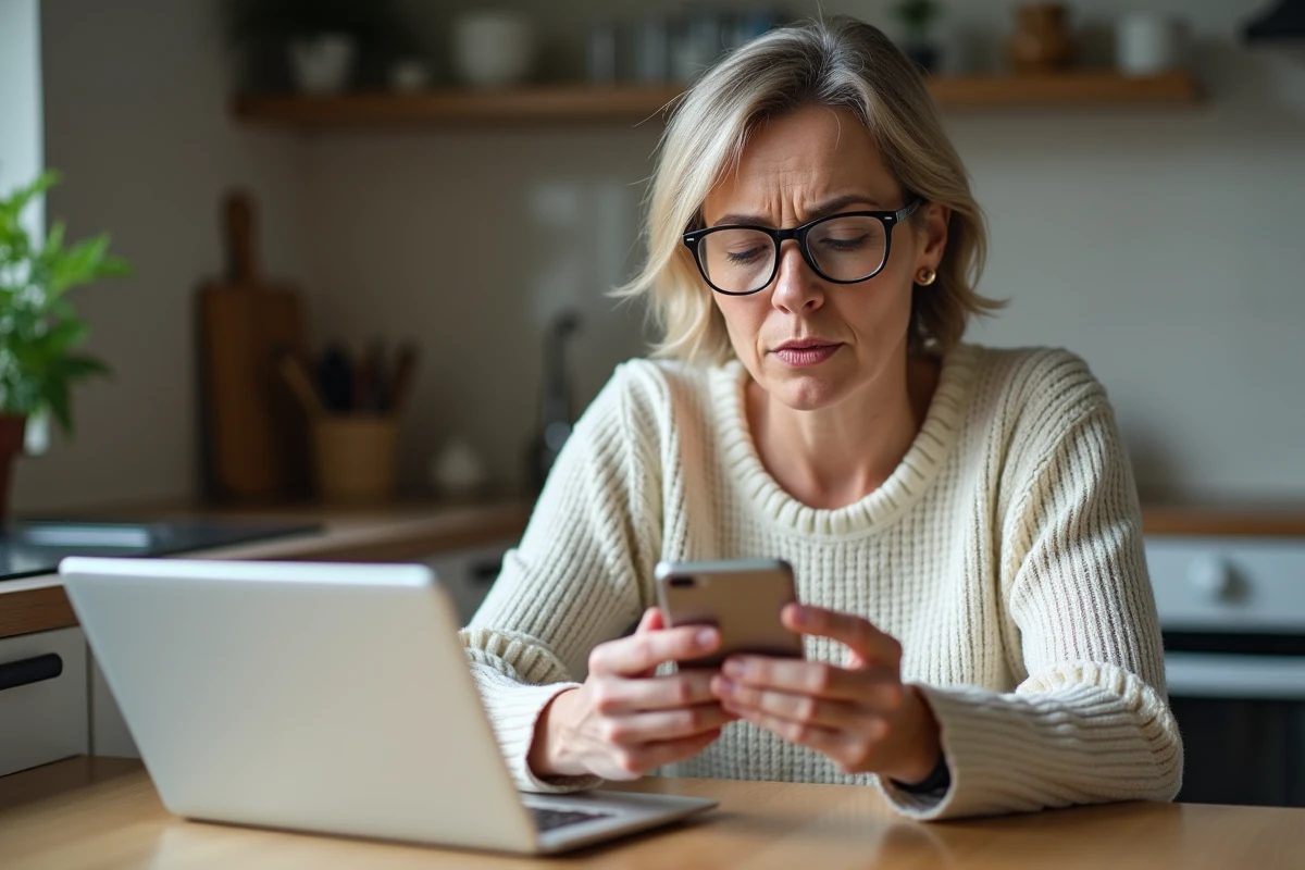Femme perplexe utilisant son smartphone dans une cuisine lumineuse