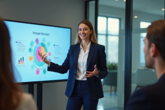 Femme professionnelle présentant un PowerPoint en réunion