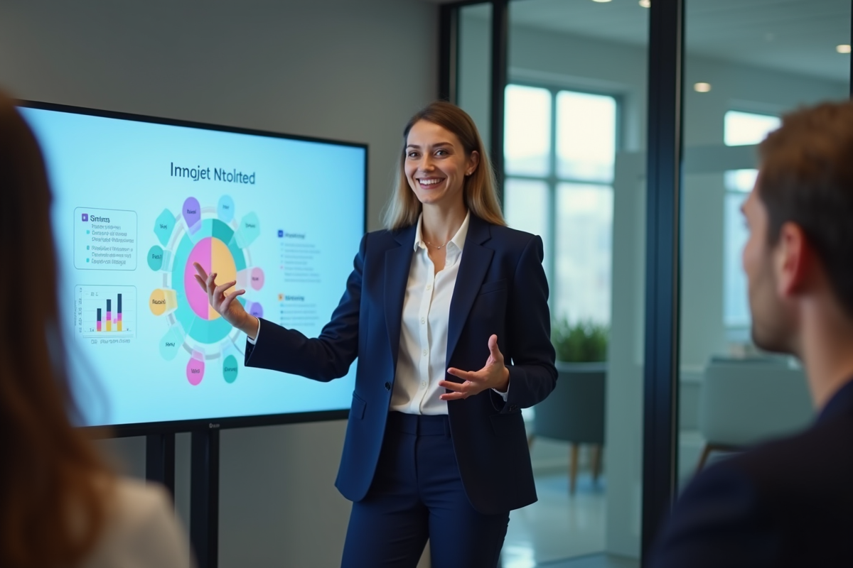 Femme professionnelle présentant un PowerPoint en réunion