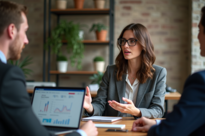 Femme professionnelle présentant des analyses SEO en réunion
