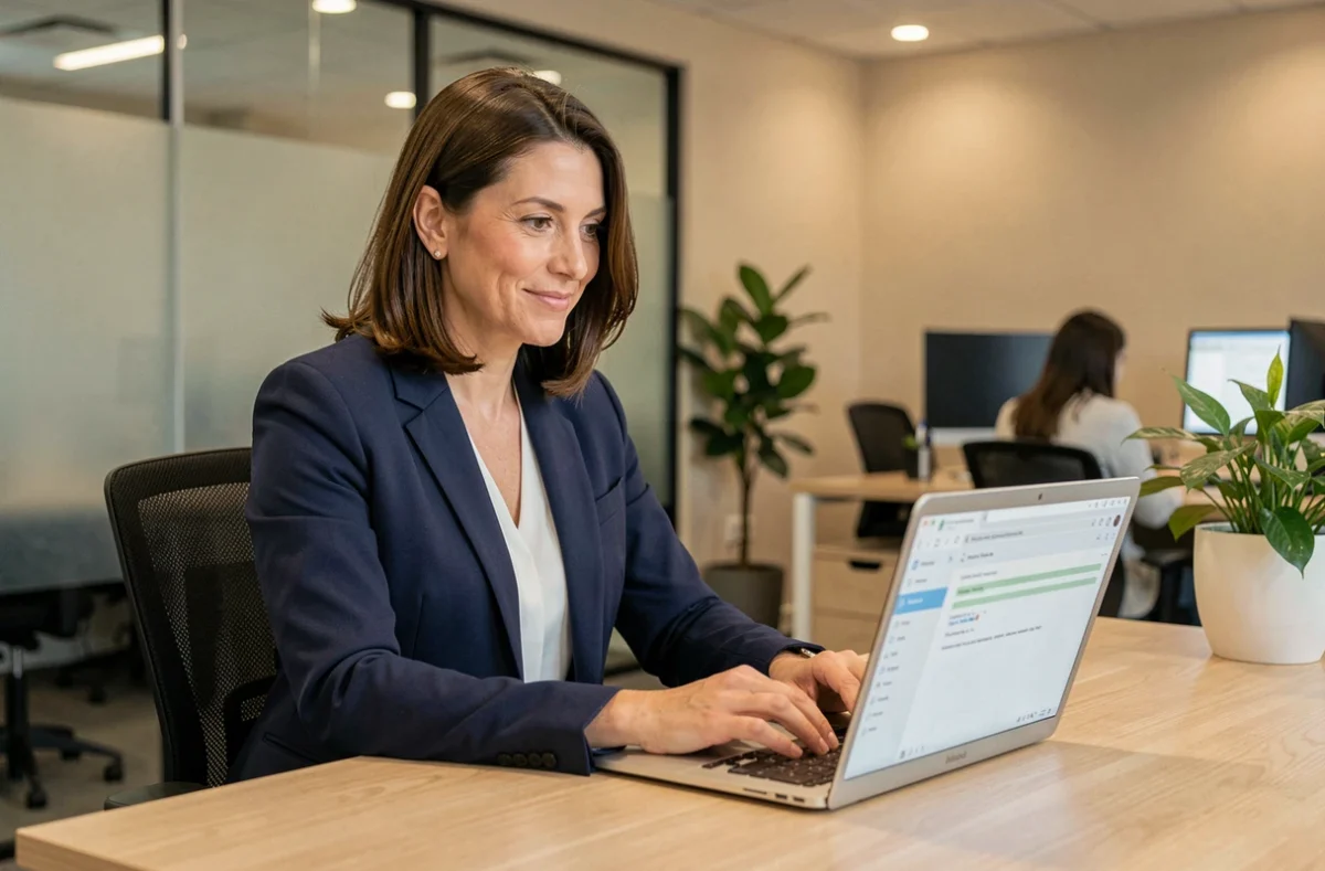 Femme professionnelle utilisant une extension de correction grammaticale sur son ordinateur portable dans un bureau moderne