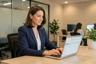 Femme professionnelle utilisant une extension de correction grammaticale sur son ordinateur portable dans un bureau moderne