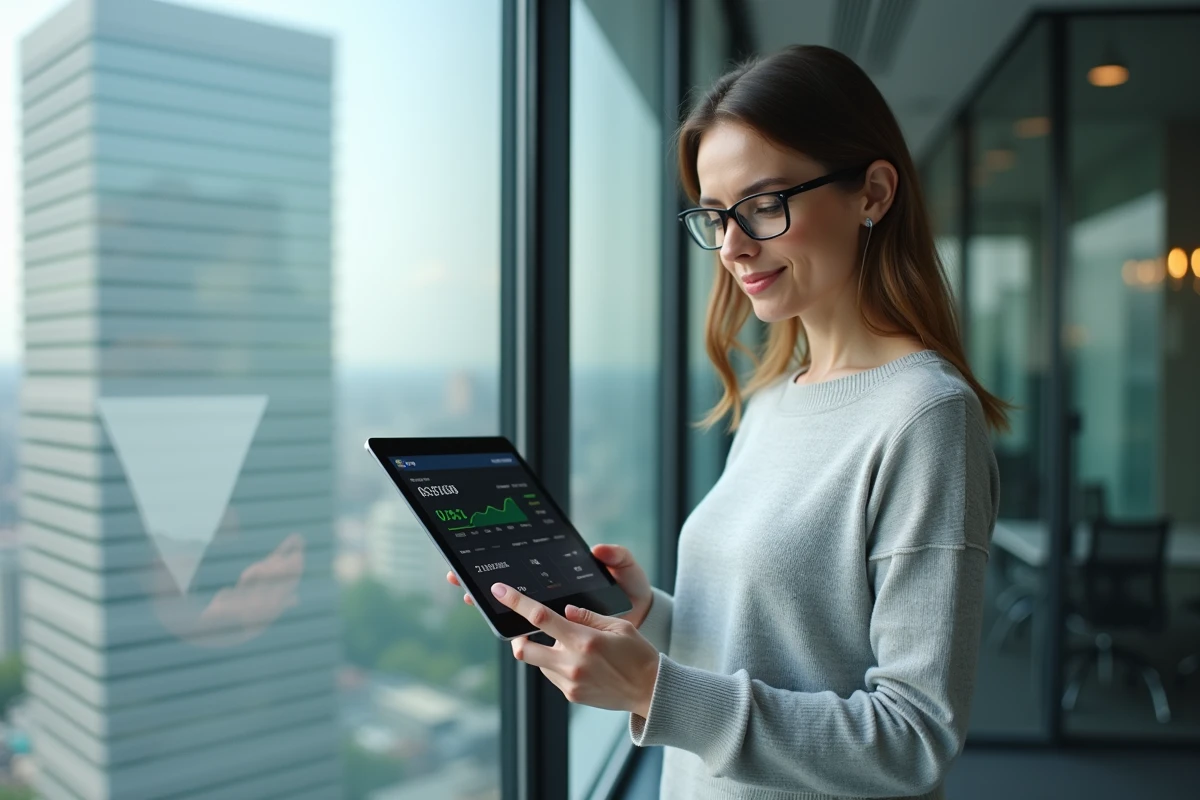 Femme d age moyen avec tablette affichant un tableau de réseau