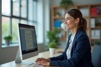 Femme professionnelle consultant le webmail rectorat de Montpellier sur un ordinateur de bureau dans un bureau administratif universitaire