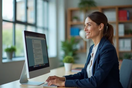 Femme professionnelle consultant le webmail rectorat de Montpellier sur un ordinateur de bureau dans un bureau administratif universitaire