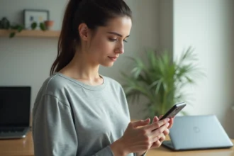 Femme tenant un smartphone Samsung et cherchant la corbeille dans les paramètres de l'appareil