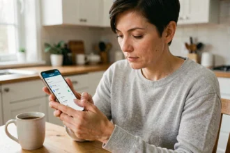 Femme tenant un smartphone Samsung et accédant aux paramètres de stockage pour vider la corbeille