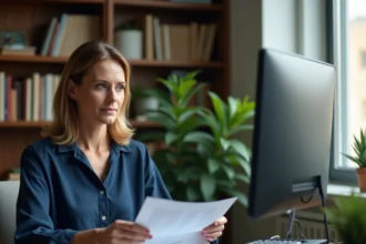 Femme scannant un document papier sur un scanner à plat connecté à un ordinateur de bureau dans un bureau à domicile
