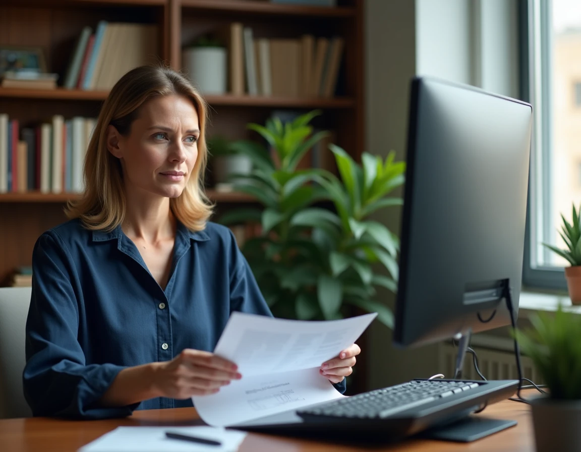Femme scannant un document papier sur un scanner à plat connecté à un ordinateur de bureau dans un bureau à domicile