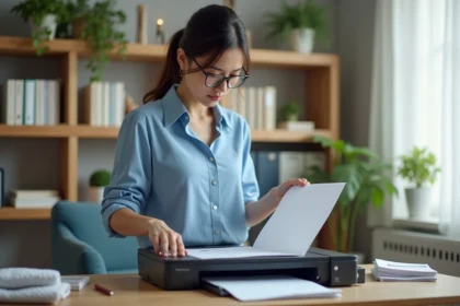 Femme en blouse bleue scannant un document dans un bureau