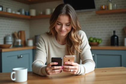 Femme comparant deux smartphones dans la cuisine moderne