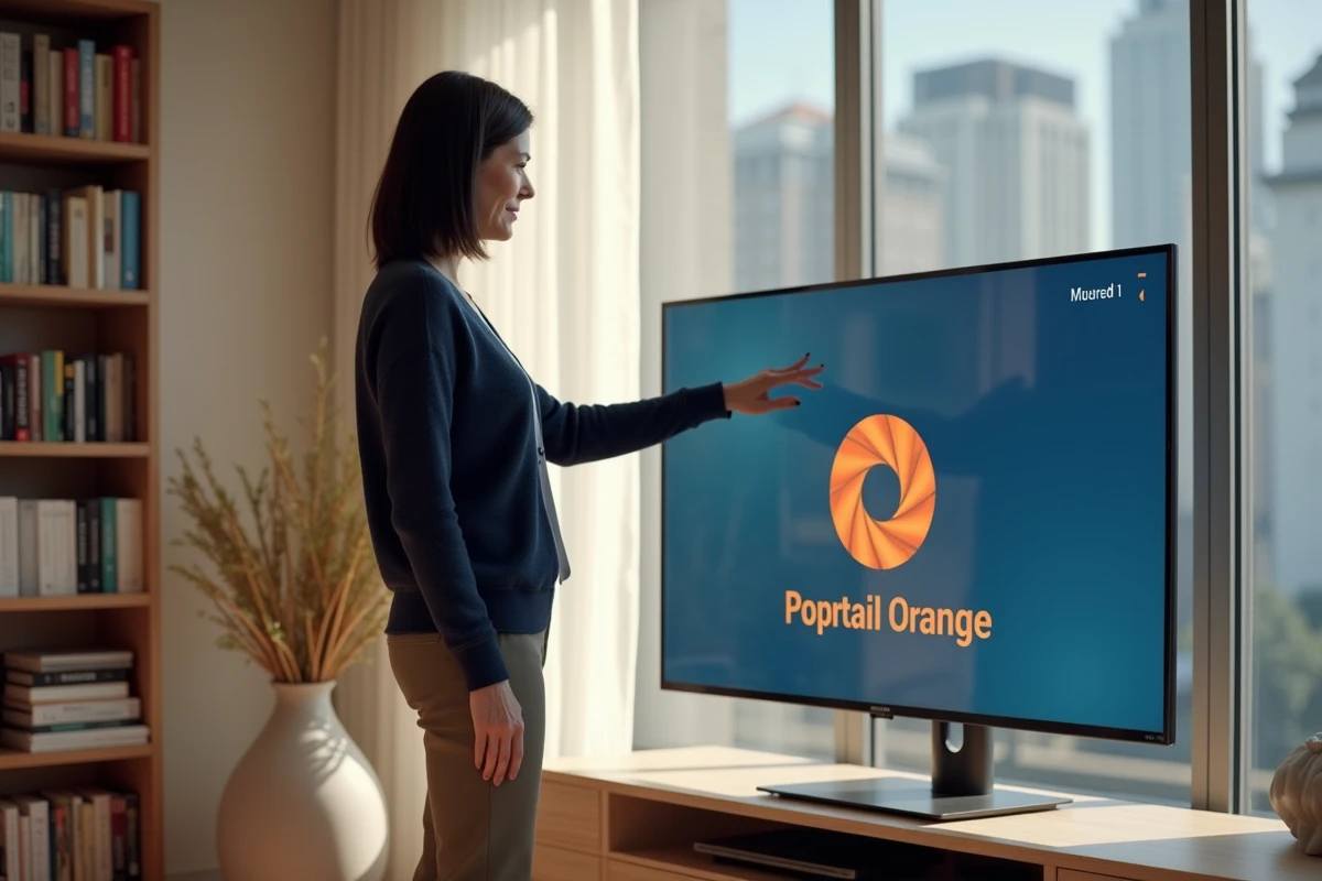 Femme touchant la TV avec l