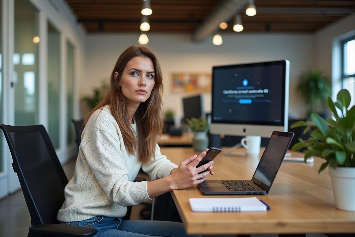 Femme professionnelle assise avec un smartphone et un carnet dans un bureau lumineux