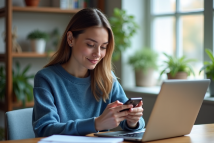 Jeune femme utilisant son smartphone et son ordinateur en home office