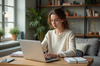 Jeune femme travaillant sur un ordinateur dans une cuisine lumineuse