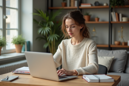 Jeune femme travaillant sur un ordinateur dans une cuisine lumineuse