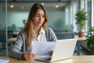 Jeune femme examine des documents sur son ordinateur au bureau