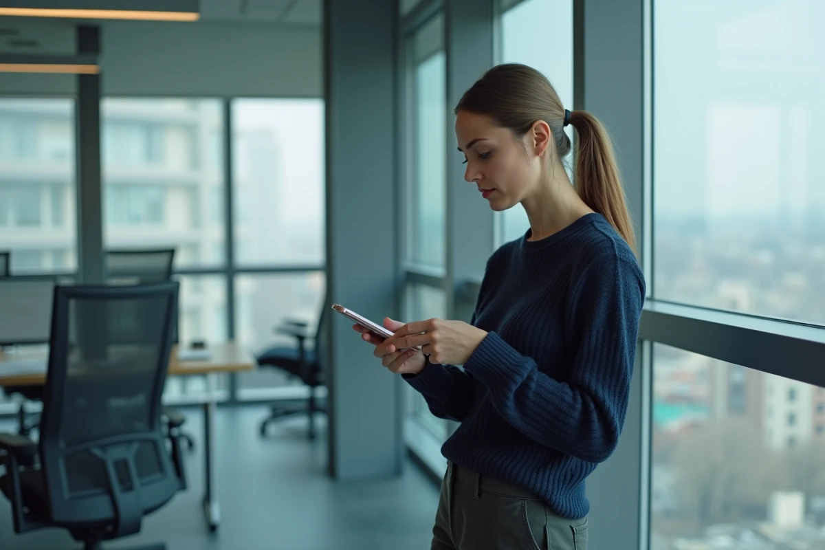 Femme vérifiant les réglages wifi dans un bureau contemporain