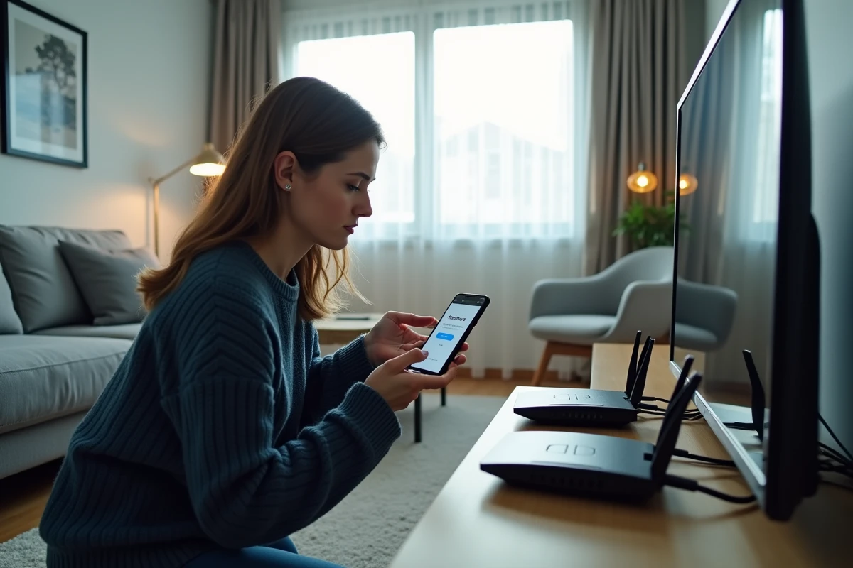 Femme vérifiant la connexion de sa Freebox avec un message d'erreur affiché sur son smartphone dans le salon