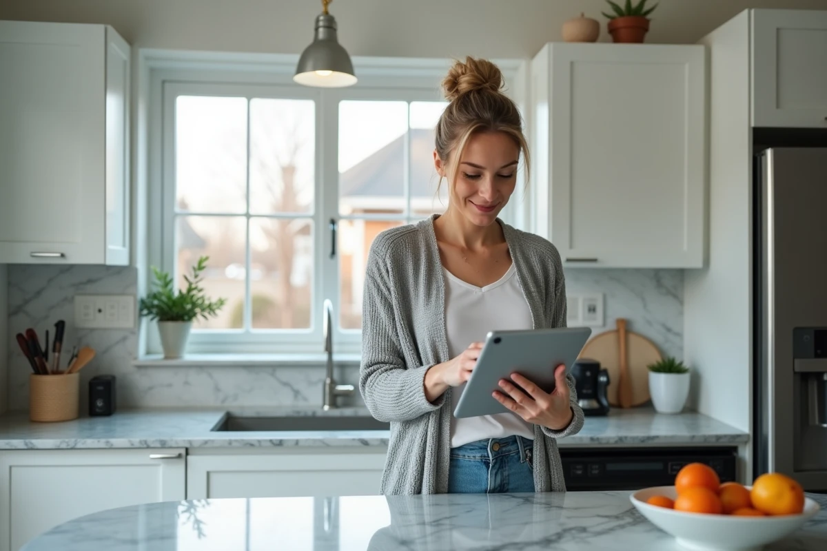 Femme utilise une tablette pour vérifier la securite du reseau