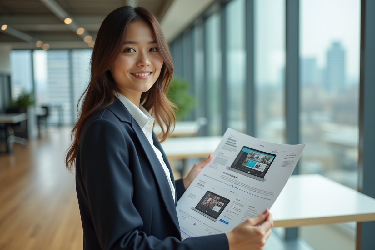 Femme tenant des maquettes de site web dans un bureau lumineux