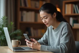 Femme utilisant WhatsApp sur smartphone pour mettre du texte en italique dans une conversation