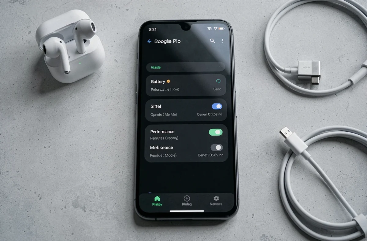 Flat lay du Google Pixel 8 Pro affichant les options d'optimisation de batterie et de performance