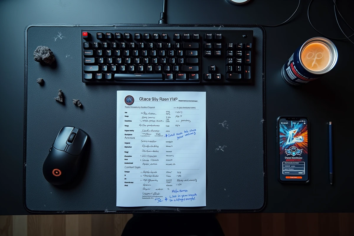 Flat-lay de bureau gaming avec statistiques CS2 annotées à la main, clavier mécanique et application de suivi de rang